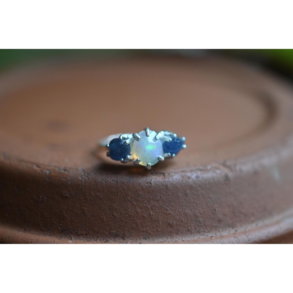 Burmese sapphire and Ethiopian opal engagement ring, sterling silver size 7, nat